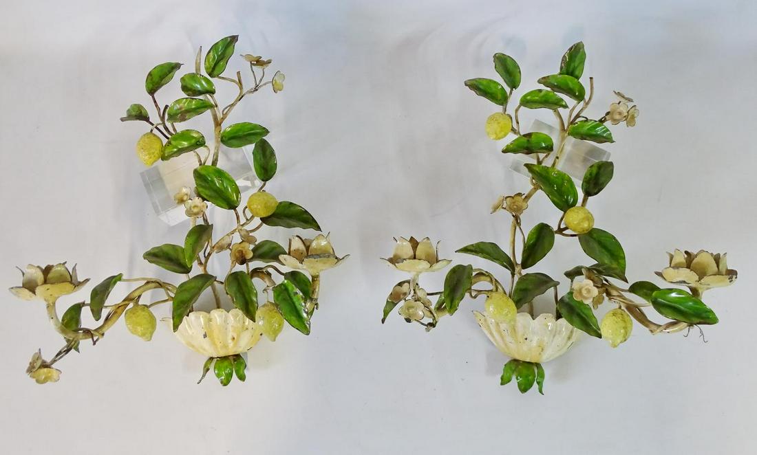 PR. METAL LEMON FIGURAL 2 LIGHT SCONCES 17" X 14": PR. METAL LEMON FIGURAL 2 LIGHT SCONCES 17" X 14"