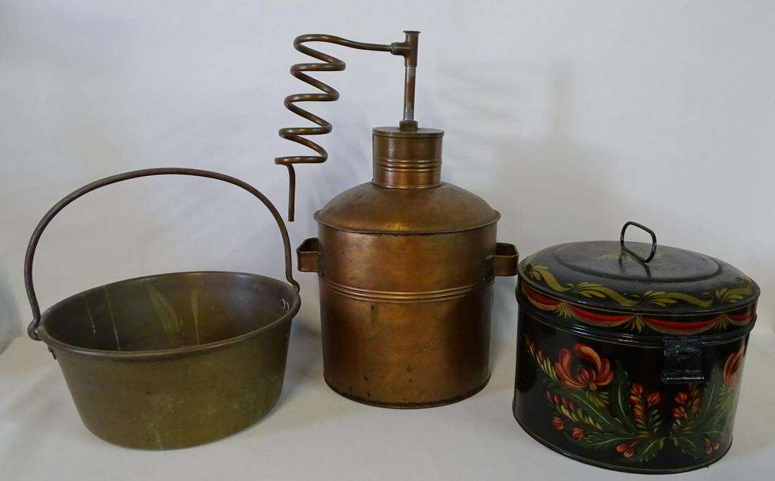 3 PCS.: COPPER STILL, BRASS JELLY POT, METAL DECORATED: 3 PCS.: COPPER STILL, BRASS JELLY POT, METAL DECORATED POT 23" TALLEST