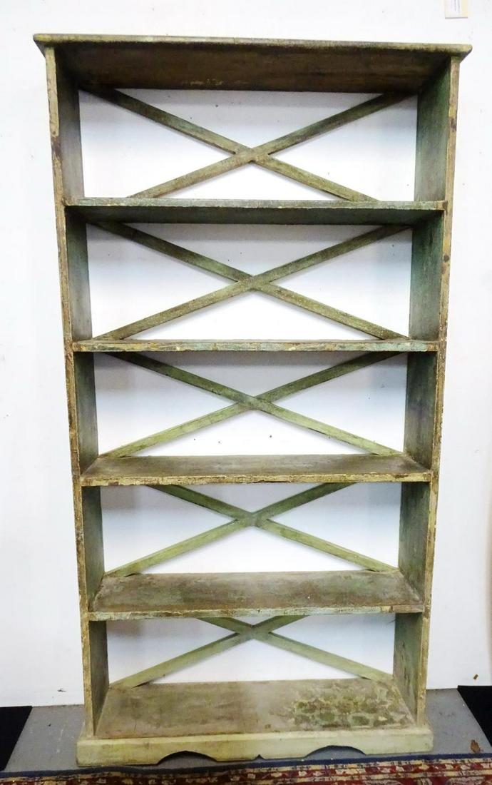 PAINT DECORATED OPEN BOOKCASE 69" X 36" X 10": PAINT DECORATED OPEN BOOKCASE 69" X 36" X 10"