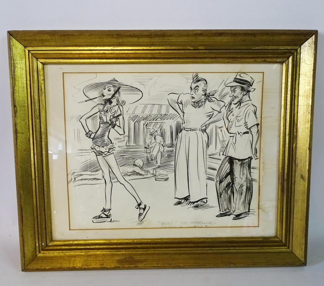 JAMES MONTGOMERY FLAGG PEN & INK "WHAT IS SHE: JAMES MONTGOMERY FLAGG PEN & INK "WHAT IS SHE MODELING?" 10X13"