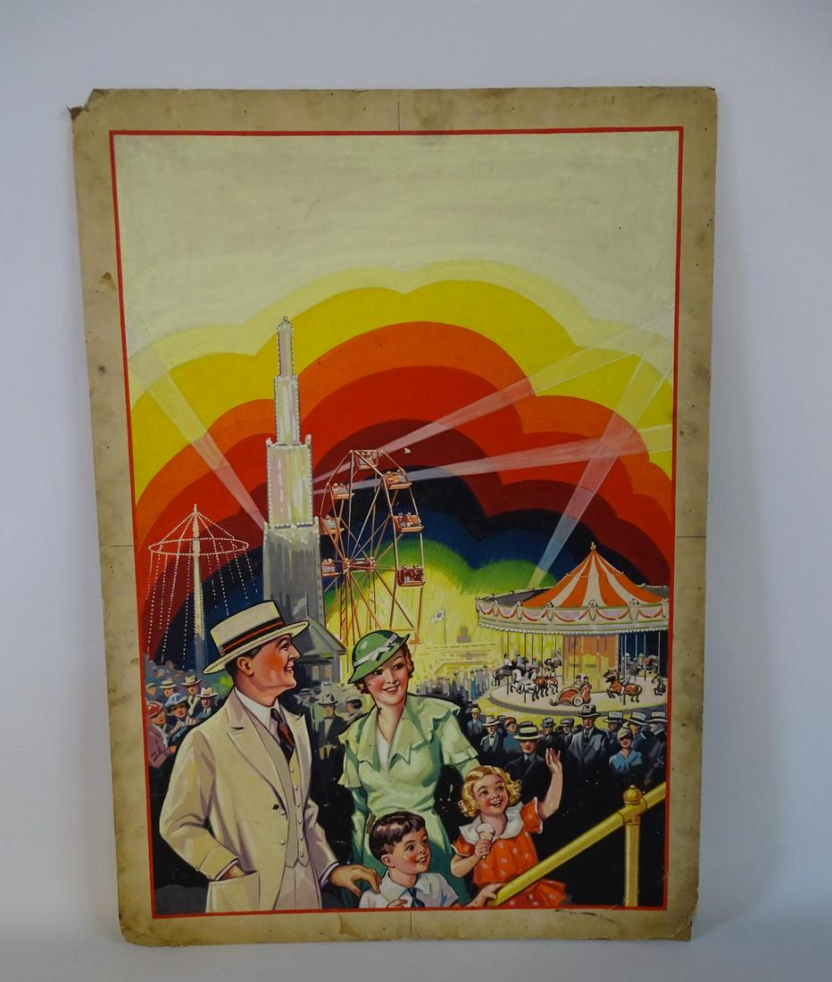 TEMPERA PAINTING ON BOARD "CARNIVAL SCENE" 24" X 15": TEMPERA PAINTING ON BOARD "CARNIVAL SCENE" 24" X 15"
