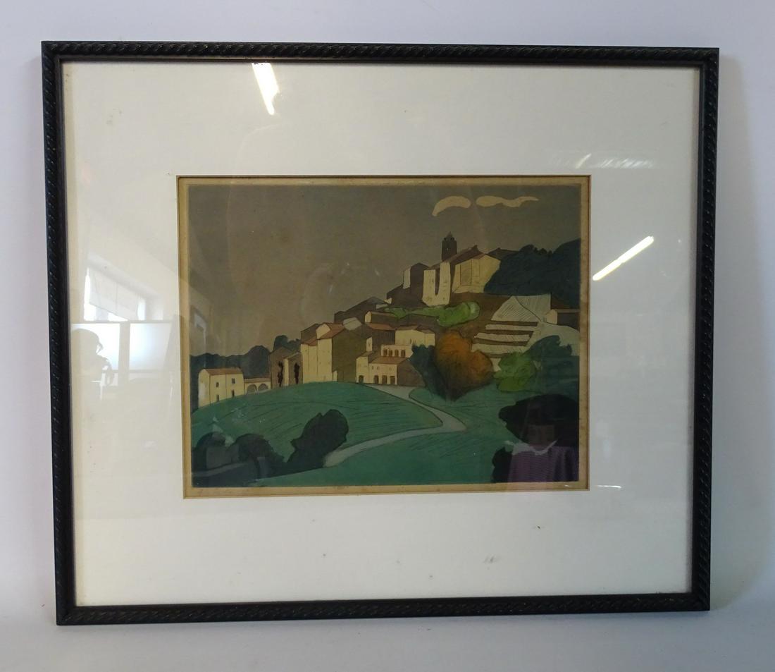 AUGUSTA RATHBONE COLOR ETCHING SGN. INDISTINCTLY: AUGUSTA RATHBONE COLOR ETCHING SGN. INDISTINCTLY VIEW OF A VILLAGE ON A HILL 8X10.25"