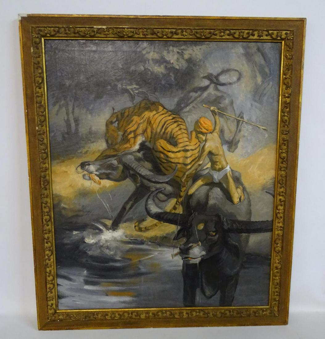GILT FRAMED ILLUSTTRATION JUNGLE SCENE 36X30": GILT FRAMED ILLUSTTRATION JUNGLE SCENE 36X30"