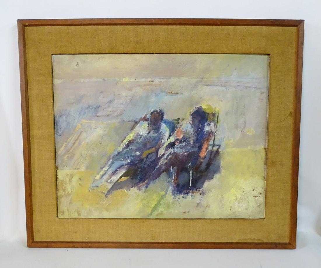 ZUBEL KACHADOORIAN SGN. OIL ON PANEL "DOUBLE DECK": ZUBEL KACHADOORIAN SGN. OIL ON PANEL "DOUBLE DECK" CHAIRS 15.5X20"