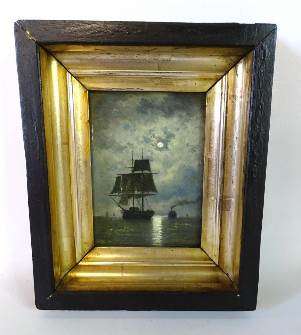 OIL ON BOARD SGN. INDISTINCTLY CLIPPER SHIP IN: OIL ON BOARD SGN. INDISTINCTLY CLIPPER SHIP IN MOONLIGHT 6.25X4"