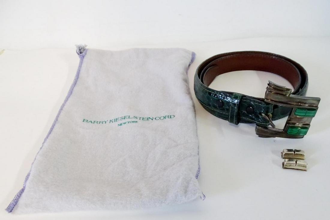 BARRY KIESELSTEIN CROCODILE STERLING & MALACHITE BELT: BARRY KIESELSTEIN CROCODILE STERLING & MALACHITE BELT WITH INTERCHANGEABLE STERLING PIECES
