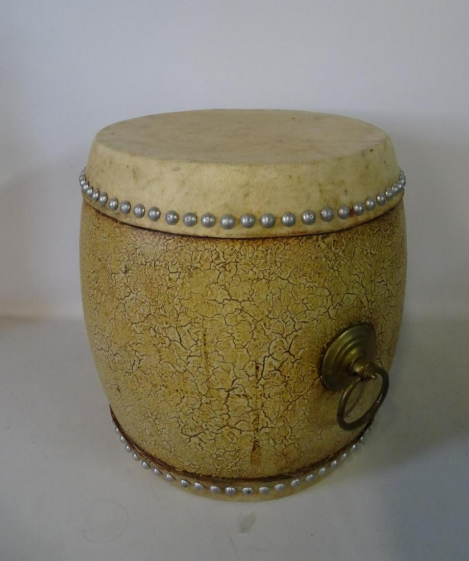 LEATHER & WOOD ASIAN DRUM 16"H X 16" DIA.: LEATHER & WOOD ASIAN DRUM 16"H X 16" DIA.
