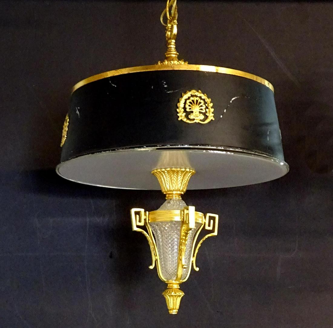 BRASS & CUT CRYSTAL FIXTURE W/TOLE SHADE 24"H 16" DIA.: BRASS & CUT CRYSTAL FIXTURE W/TOLE SHADE 24"H 16" DIA.