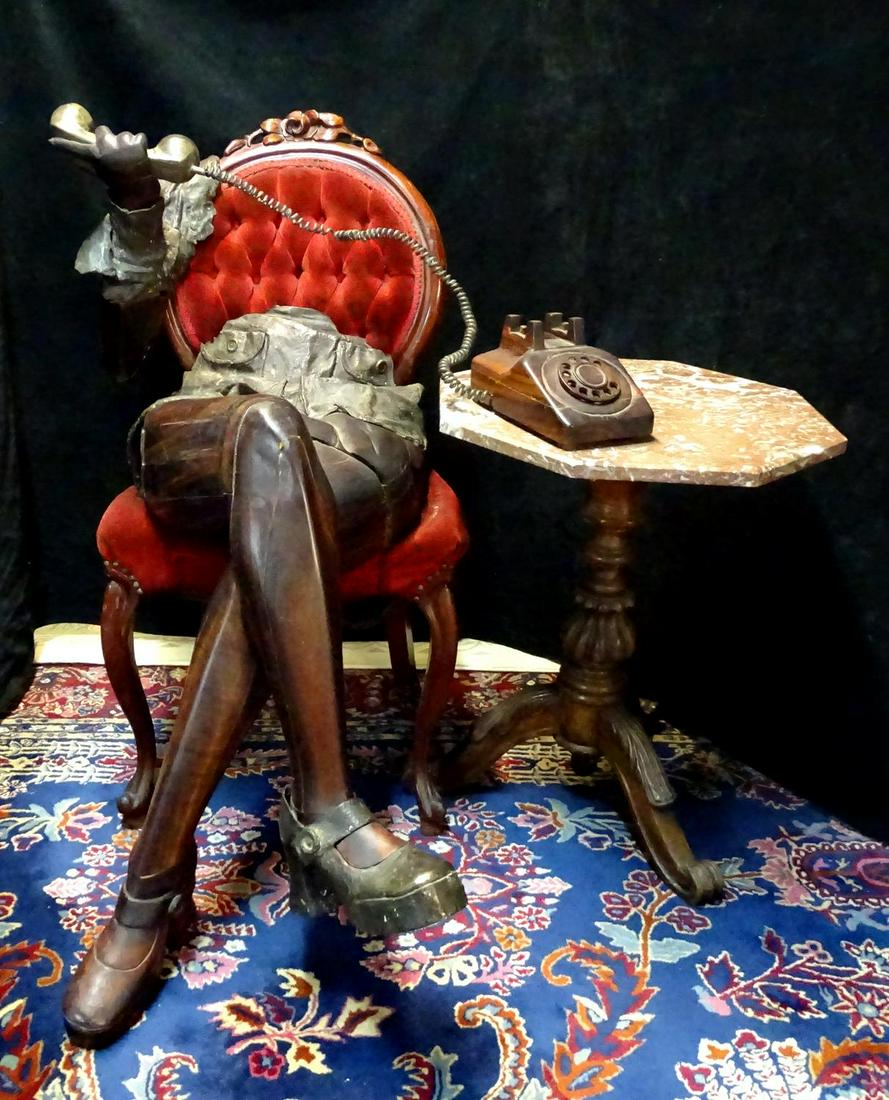 STEVE LINN "TELEPHONE CALL SCULPTURE" INC. SCULPTURE,: STEVE LINN "TELEPHONE CALL SCULPTURE" INC. SCULPTURE, CHAIR & MARBLE TOP TABLE