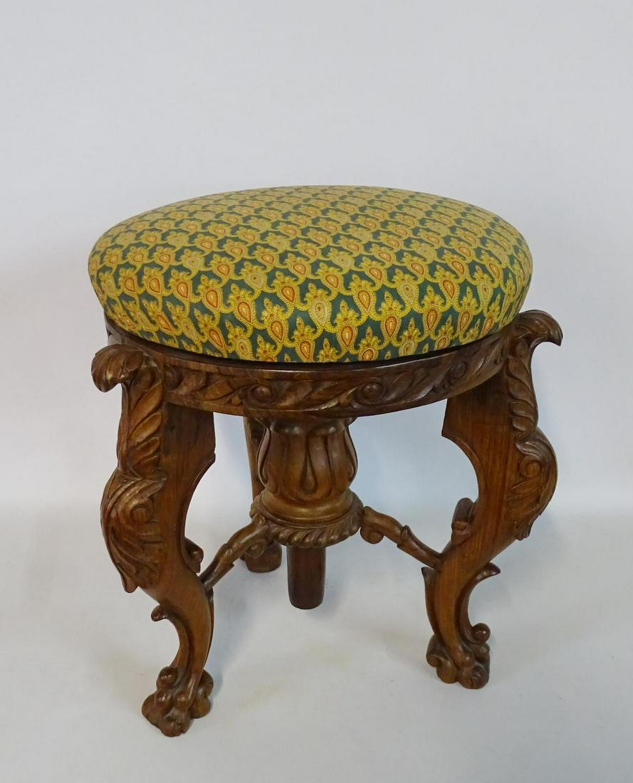 HEAVERLY CARVED WALLNUT PIANO STOOL 18X15: HEAVERLY CARVED WALLNUT PIANO STOOL 18X15