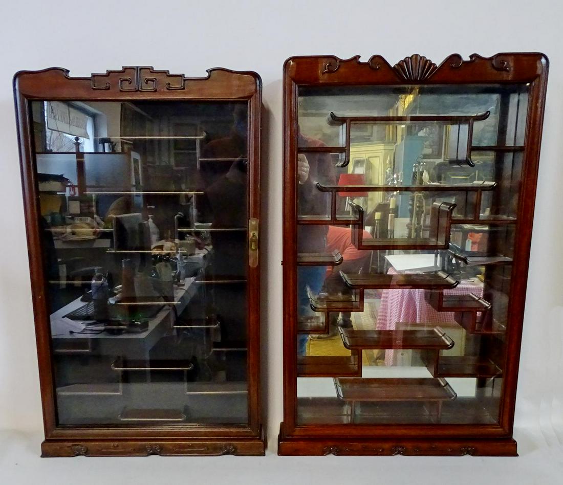 2 ROSEWOOD NETSUKE CABINETS (1 WITH MIRROR BACK) 20"H: 2 ROSEWOOD NETSUKE CABINETS (1 WITH MIRROR BACK) 20"H 33"W 4.25"D LARGEST