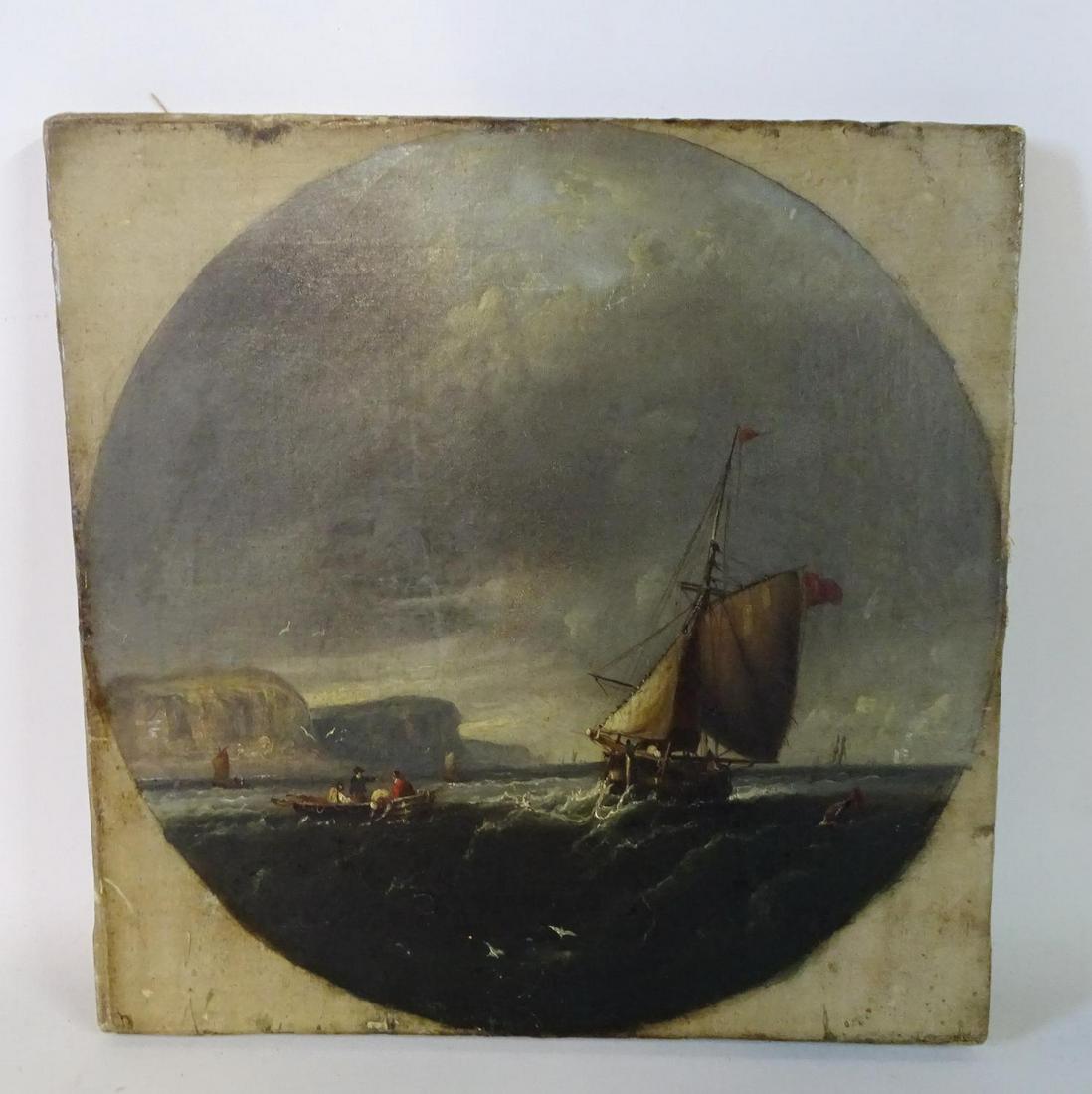 19TH C. ENGLISH SCHOOL OIL ON CANVAS SHIP SCENE 12 X: 19TH C. ENGLISH SCHOOL OIL ON CANVAS SHIP SCENE 12 X 12"