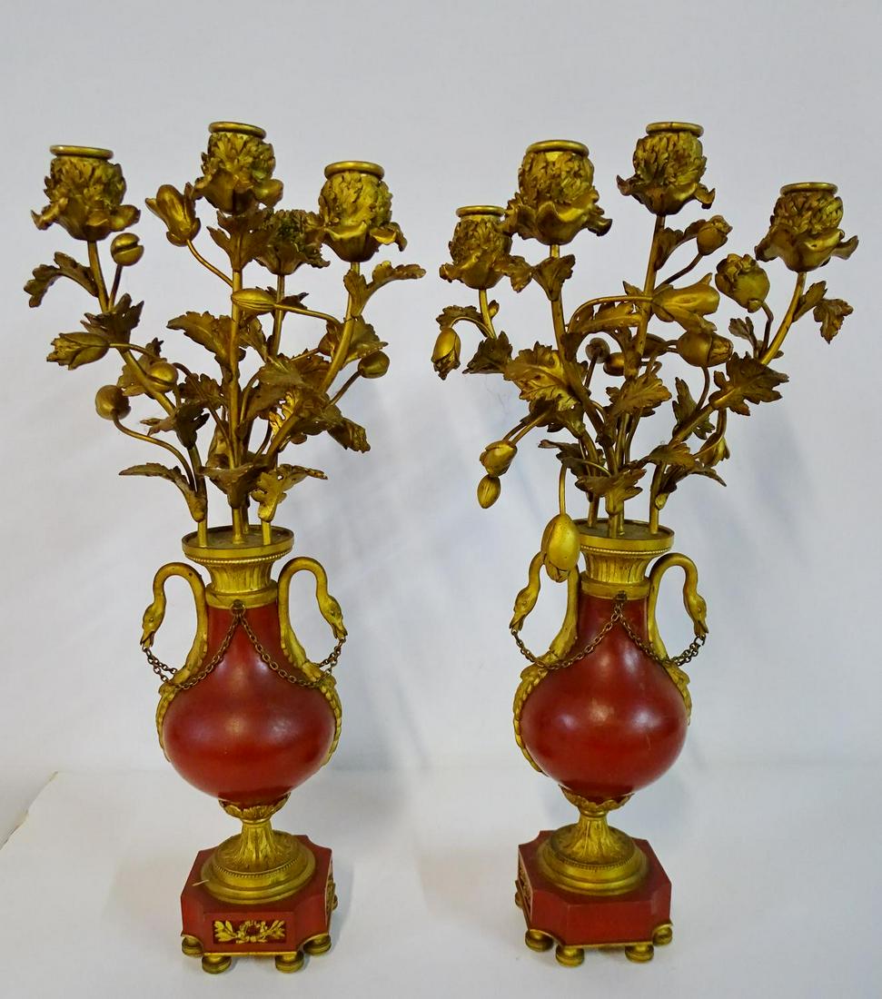 PR. DORE BRONZE & MARBLE CANDELABRA: PR. DORE BRONZE & MARBLE CANDELABRA 19"H 5"W