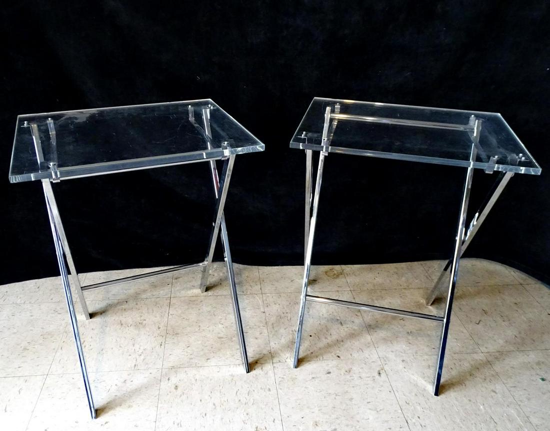 PR. CHROME & LUCITE FOLDING TABLES 28.5" X 19" X 15": PR. CHROME & LUCITE FOLDING TABLES 28.5" X 19" X 15"