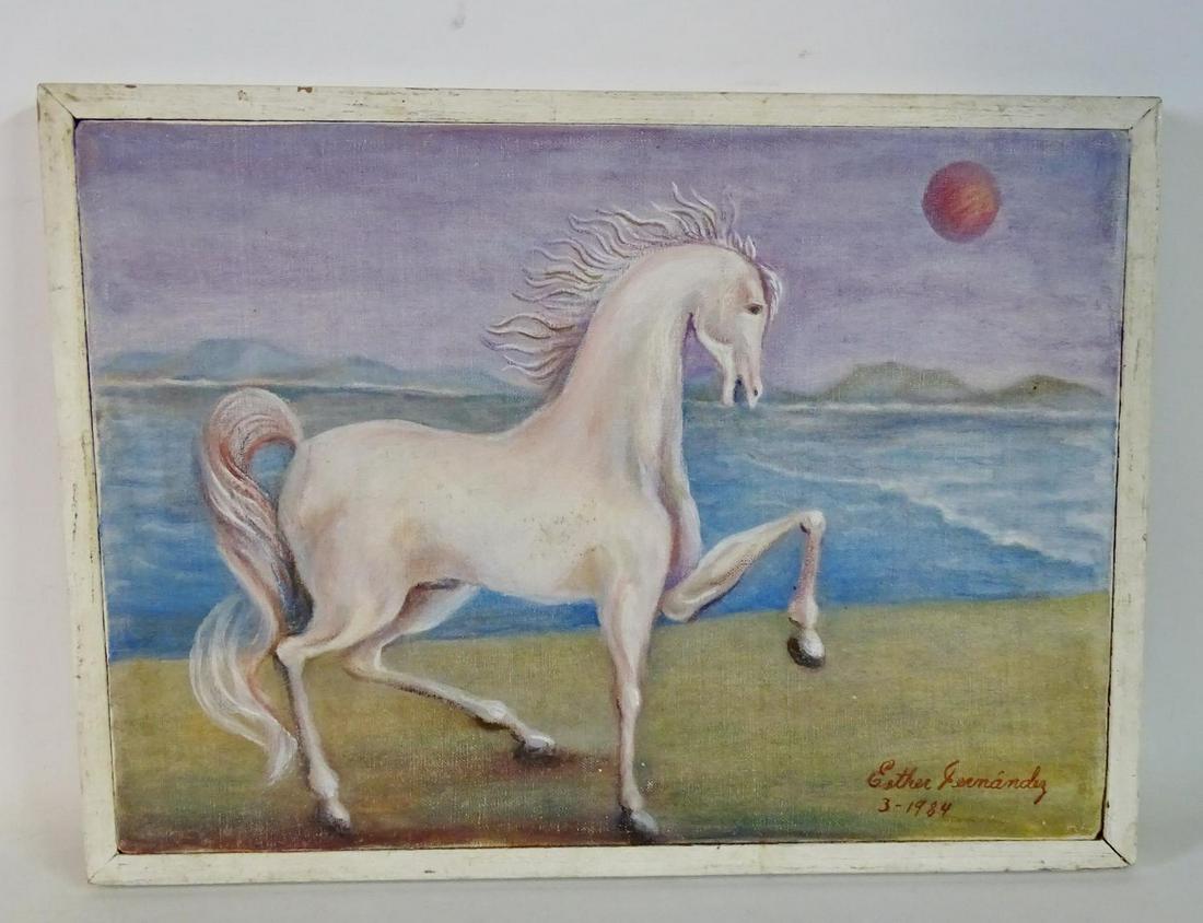 ESTHER FERNANDEZ SGN. OIL ON CANVAS SURREALIST HORSE: ESTHER FERNANDEZ SGN. OIL ON CANVAS SURREALIST HORSE 12X10"