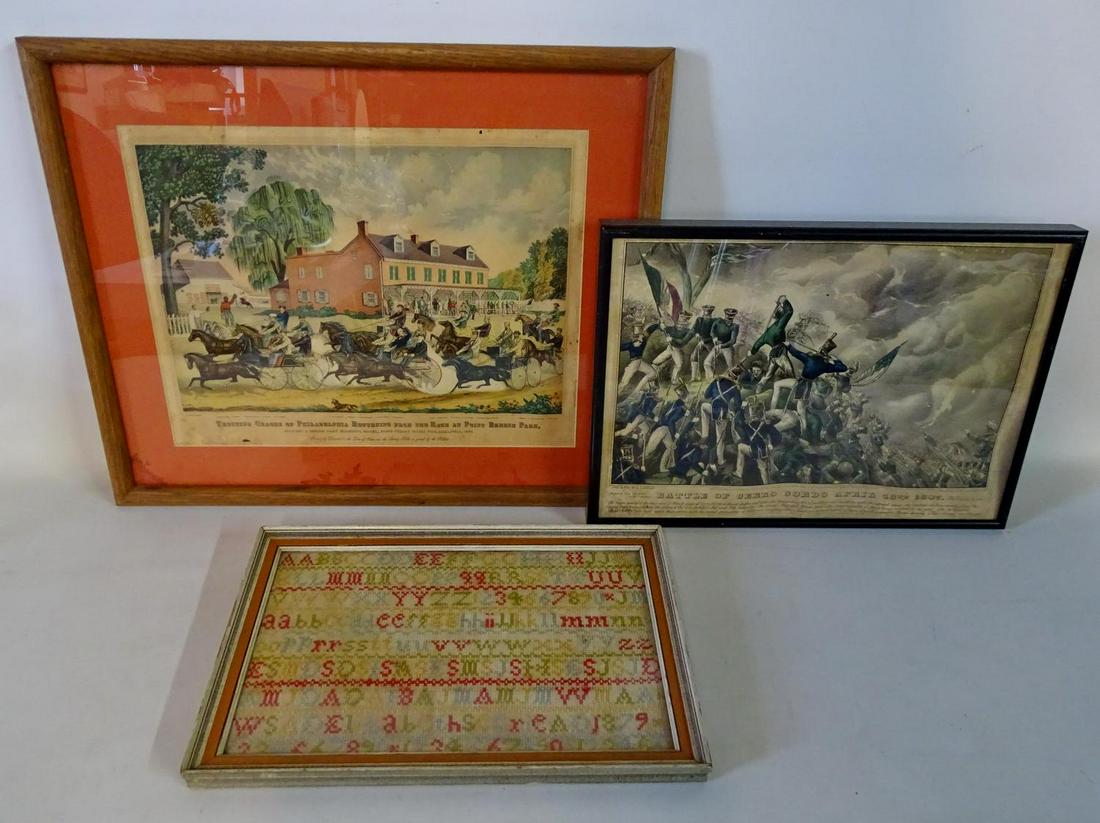 CURRIER PRINT & ANTIQUE SAMPLER 10.5" X 13.5" LARGEST: CURRIER PRINT & ANTIQUE SAMPLER 10.5" X 13.5" LARGEST