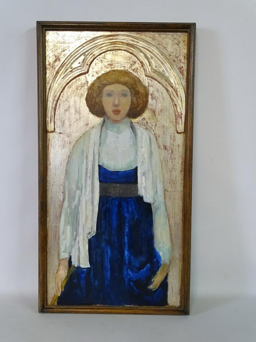 JAMES STEWART OIL ON WOOD "WOMAN WITH BLUE SKIRT": JAMES STEWART OIL ON WOOD "WOMAN WITH BLUE SKIRT" 35X18.5"