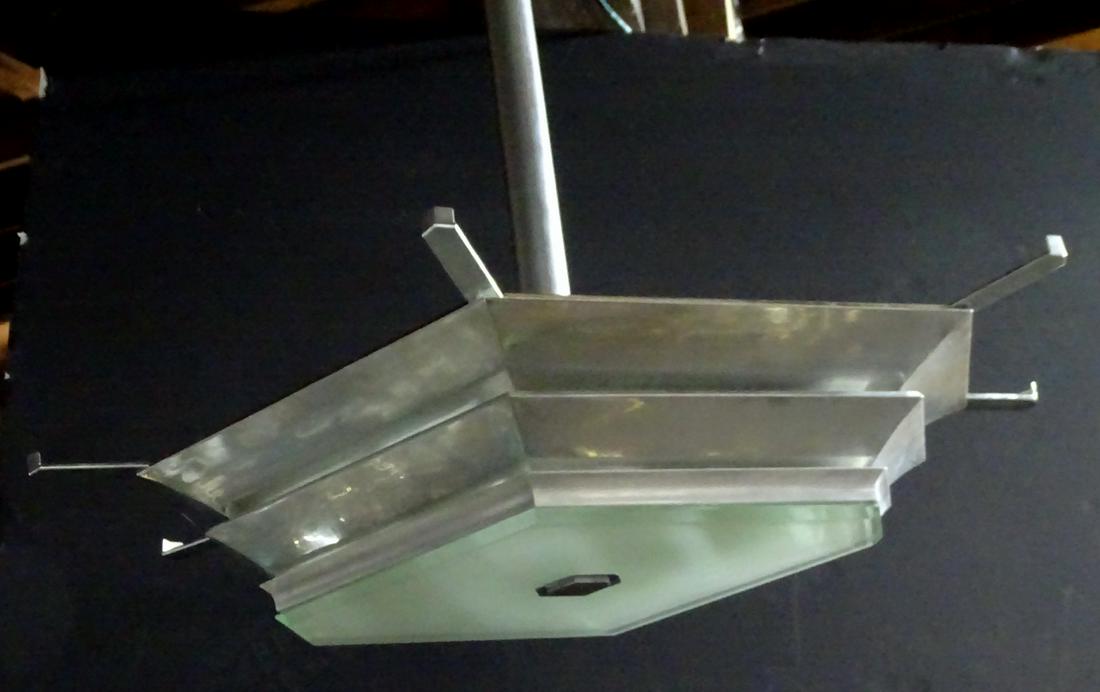 MID CENTURY BRUSHED ALUMINUM & FROSTED GLASS FIXTURE: MID CENTURY BRUSHED ALUMINUM & FROSTED GLASS FIXTURE 28" X 28" X 24"