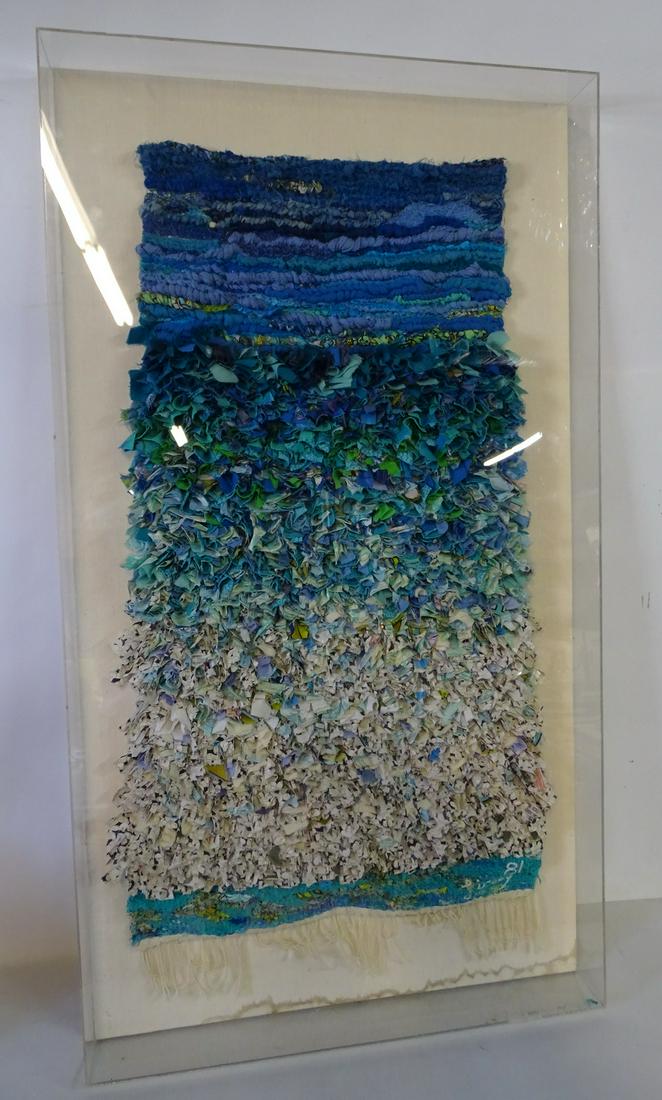 WOVEN FABRIC COLLAGE: WOVEN FABRIC COLLAGE 51" X 28" INC. FRAME