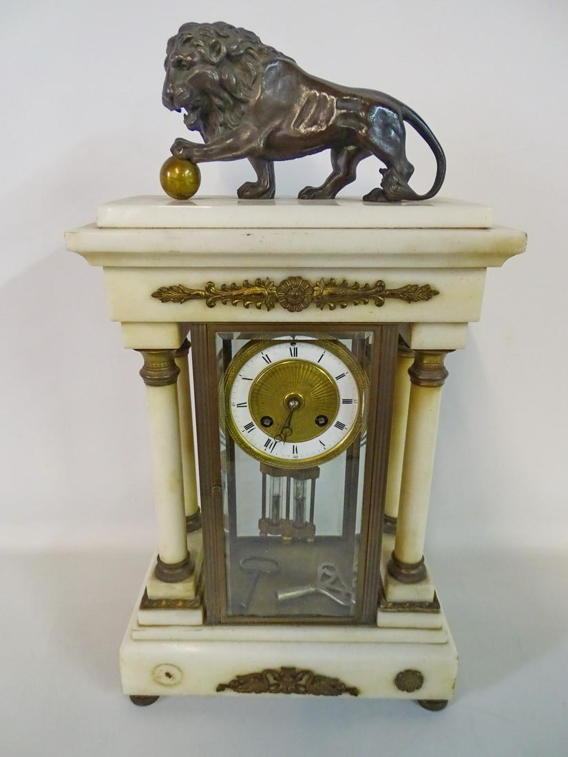 LION FIGURAL BRONZE MOUNTED MARBLE MANTEL CLOCK 19.5"H (1 of 5)