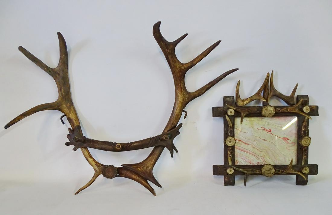 19TH C. ANTLER WALLRACK & MIRROR 17"H 23.5"W (WALLRACK) (1 of 6)