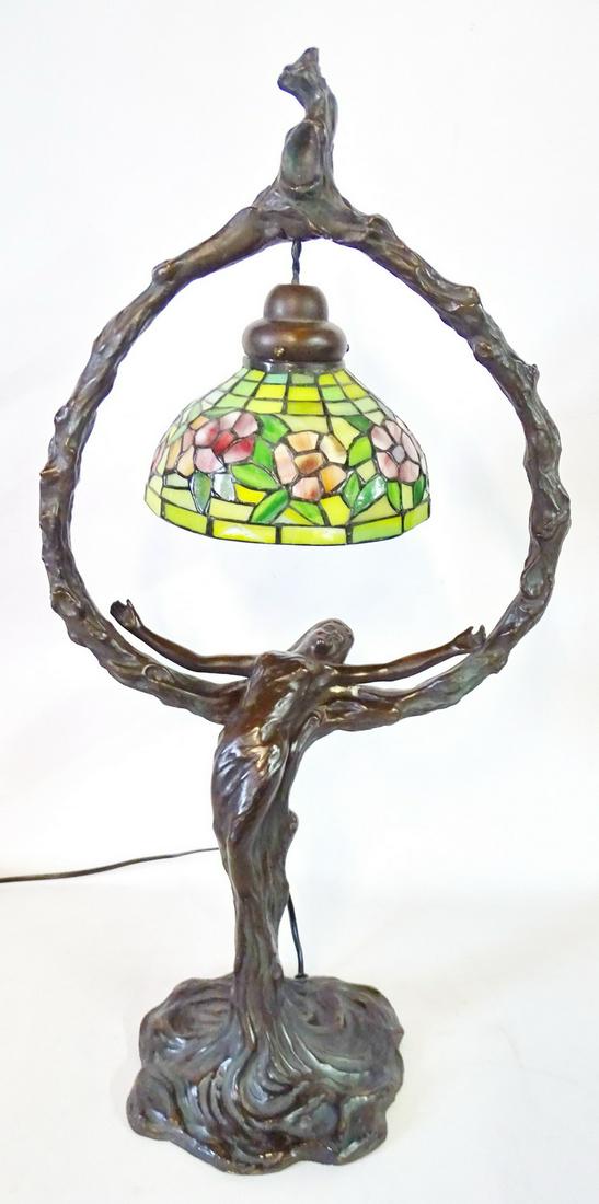 BRONZE FIGURAL LEADED GLASS LAMP 24"H 11" DIA. (1 of 5)