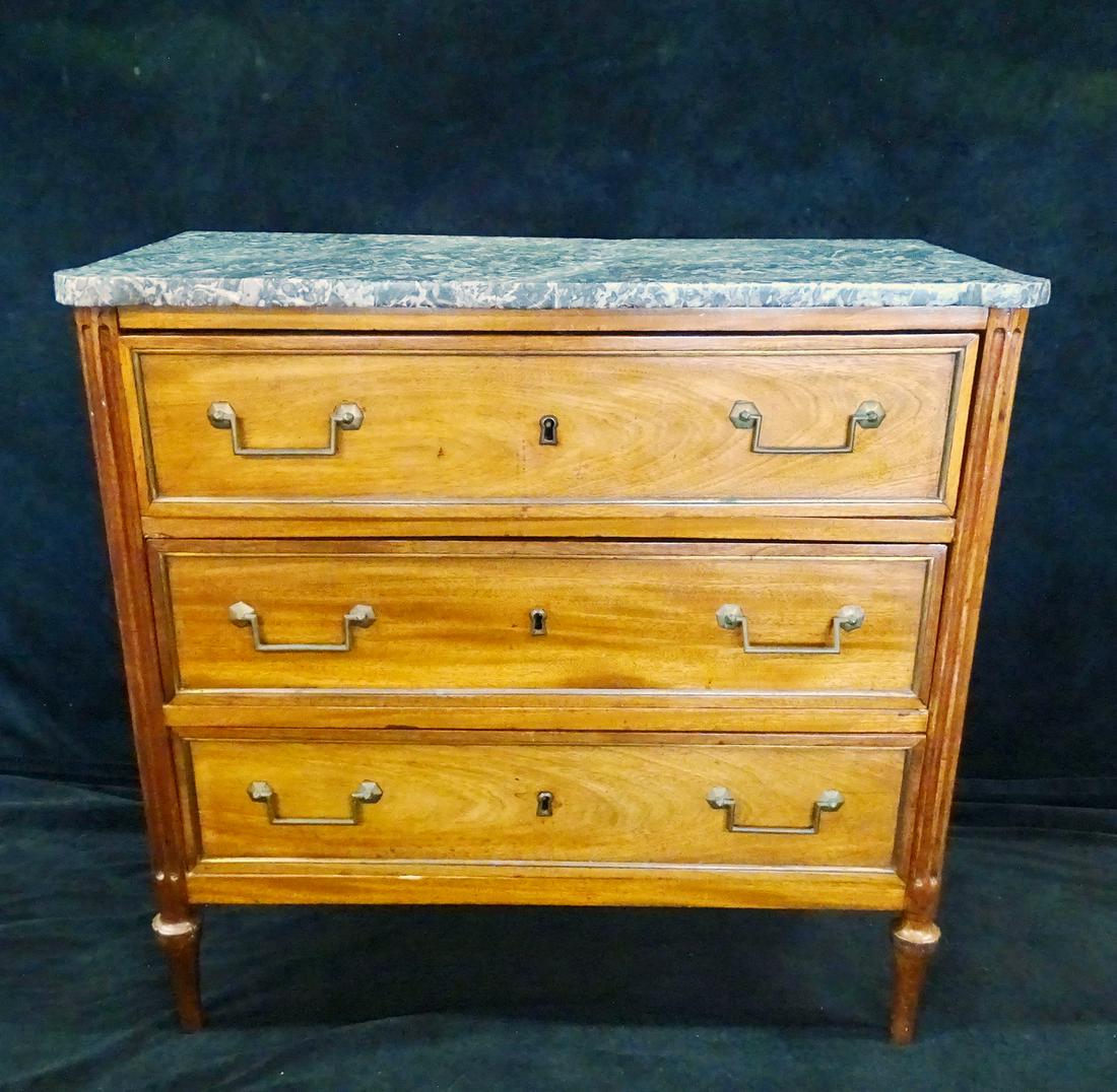FRENCH MARBLE TOP FRUITWOOD 3 DRAWER CHEST (REPAIR TO (1 of 8)