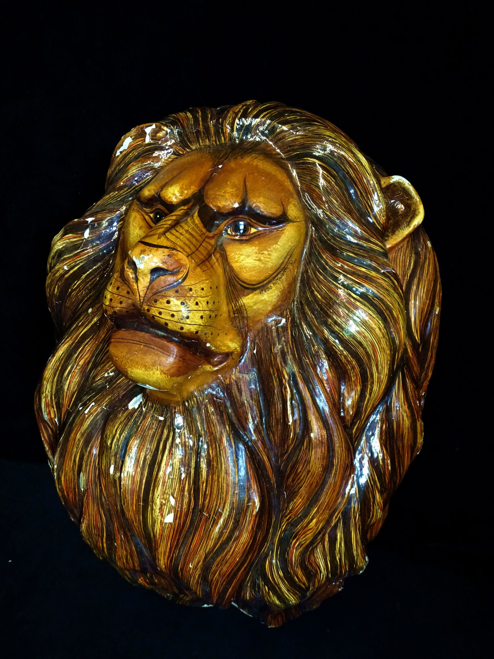 SERGIO BUSTAMENTE SGN. 2FT PAPIER MACHE LION HEAD 33"H: SERGIO BUSTAMENTE SGN. 2FT PAPIER MACHE LION HEAD 33"H 24"W
