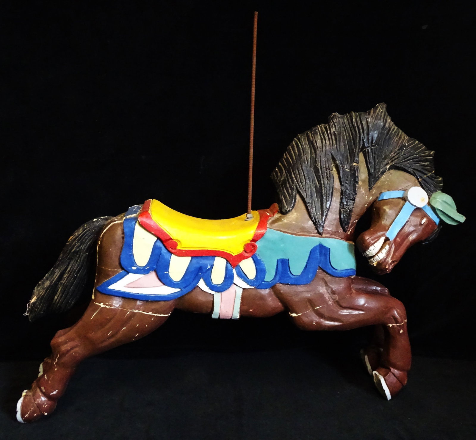 VINTAGE DECORATED BROWN CAROUSEL HORSE 30"H 38"L 8"D: VINTAGE DECORATED BROWN CAROUSEL HORSE 30"H 38"L 8"D
