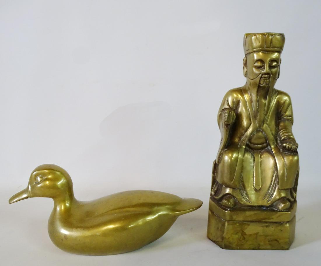 CHINESE BRONZE LONGEVITY FIGURE & BRONZE DUCK 11"H (1 of 5)