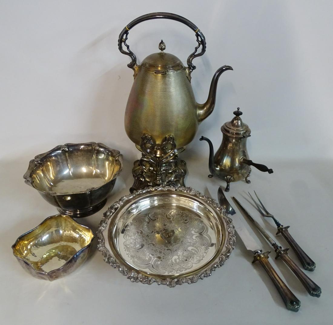 ASSORTED LOT SILVERPLATE INC. KETTLE ON STAND 18.5"H (1 of 6)