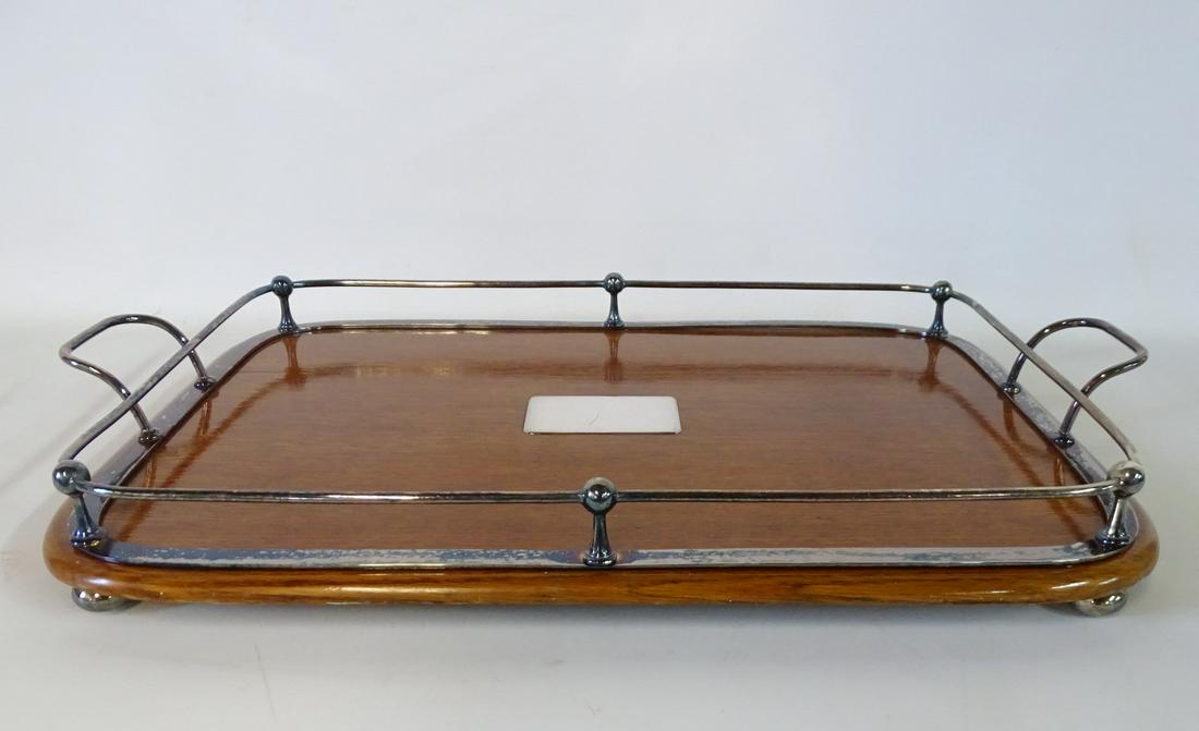 2 HANDLE WOOD & SILVERPLATE GALLERIED TRAY 3"H 22.25"L (1 of 5)