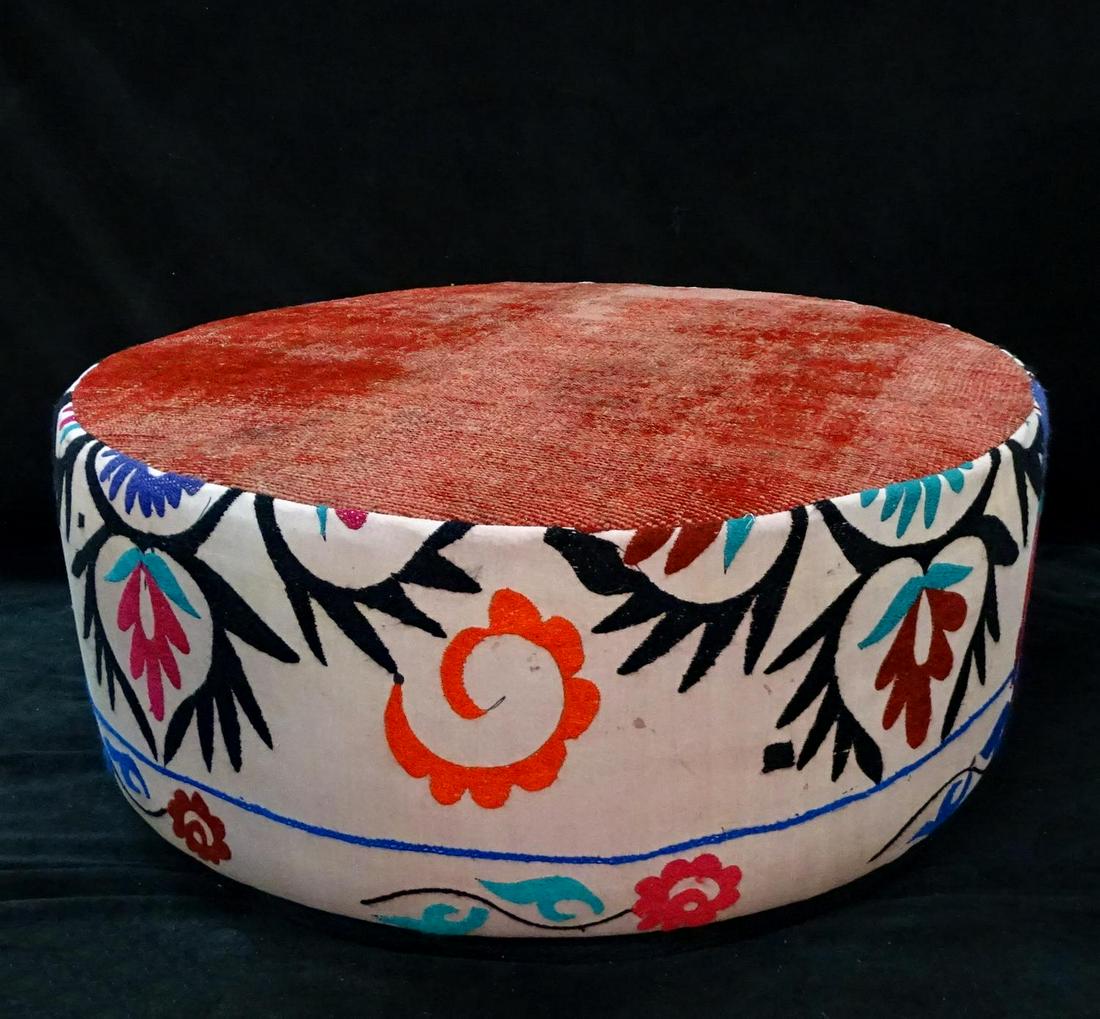 LARGE CIRCULAR SUZANI UPHOLSTERED OTTOMAN 16"H 35" DIA. (1 of 3)