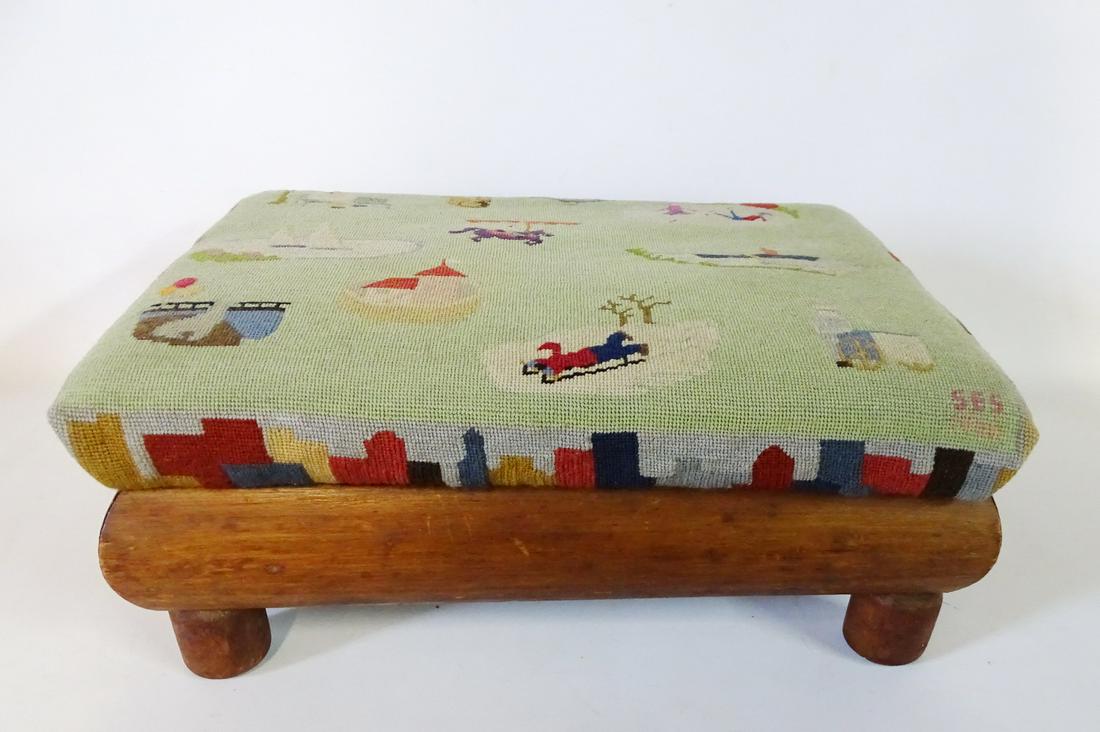 NEEDLEPOINT UPHOLSTERED FOOTSTOOL SGN. SARAH SCHULTE (1 of 7)