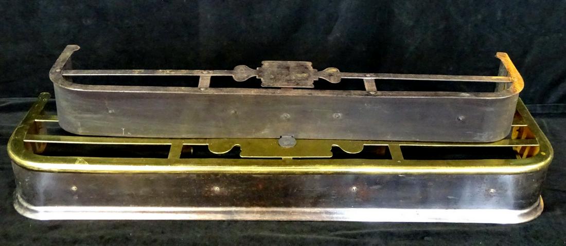 2 HEARTH FRONT TRIVETS (1) WITH BRASS TOP 6.75"H 47.5"L: 2 HEARTH FRONT TRIVETS (1) WITH BRASS TOP 6.75"H 47.5"L 12"D LARGEST