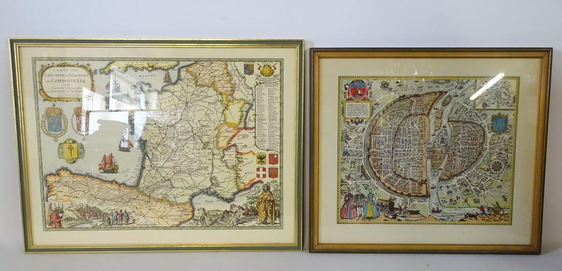 2 GILT FRAME MAPS ST JACQUES DE COMPOSTEL & PARIS: 2 GILT FRAME MAPS ST JACQUES DE COMPOSTEL & PARIS 16.5X22" LARGEST