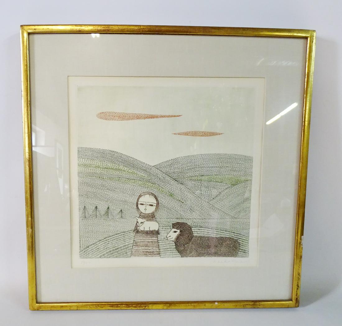 KEIKO MINAMI SGN. ETCHING GIRL WITH LAMB 11X11" (1 of 4)