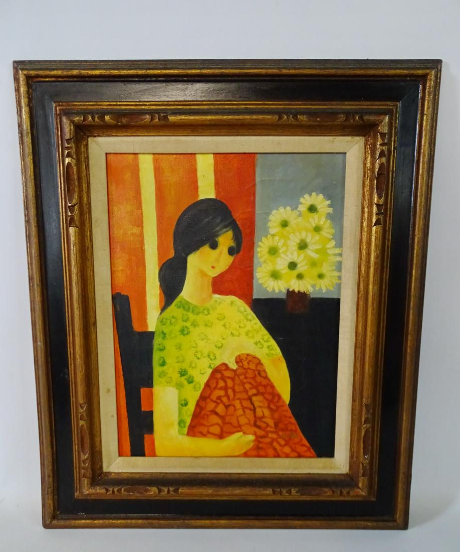 GALLE SGN. OIL ON CANVAS WOMAN IN A INTERIOR WITH: GALLE SGN. OIL ON CANVAS WOMAN IN A INTERIOR WITH DAISIES 16X12"