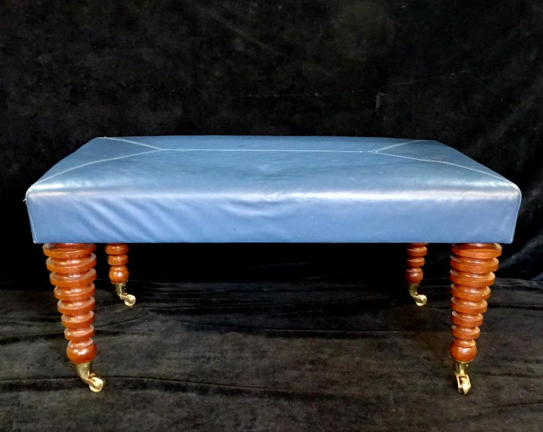GEORGE SMITH BLUE LEATHER OTTOMAN WITH BRASS CASTORS (1 of 4)