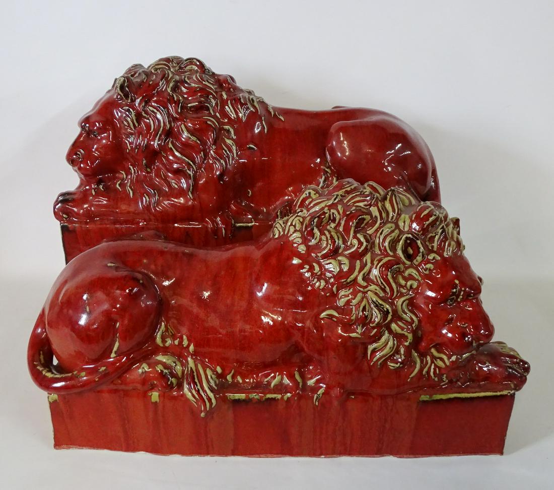 PR. RED GLAZED POTTERY LIONS 11.5"H 21"W 8"D (1 of 9)