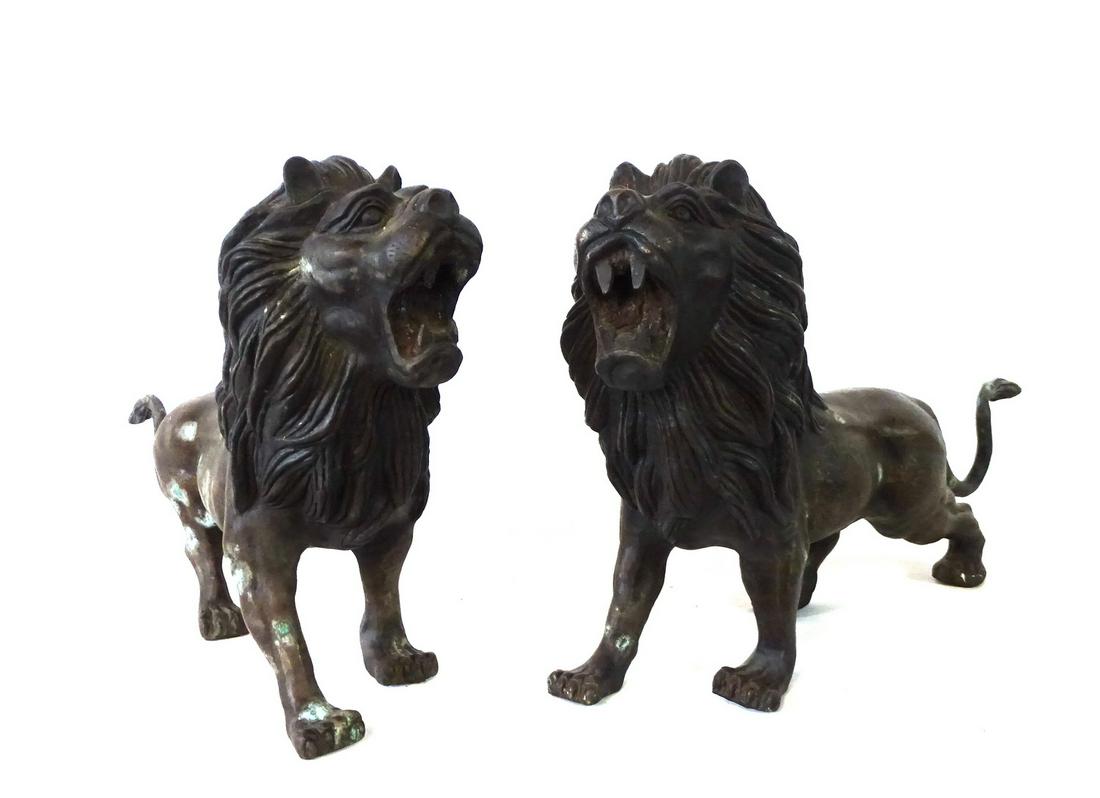 PR. BRONZE STANDING LIONS 13"H 22"W 5"D (1 of 7)