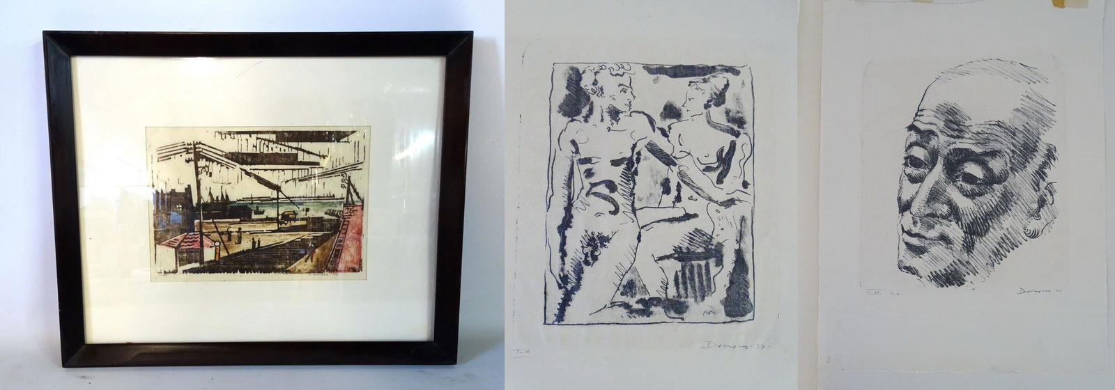 3 WERNER DREWES SGN. WOOD BLOCK PRINTS (1 FRAMED): 3 WERNER DREWES SGN. WOOD BLOCK PRINTS (1 FRAMED) 18X22" FRAMED