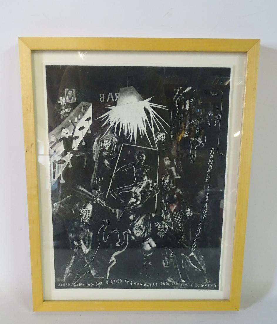 SUE COE SGN. PRINT "WOMAN WALKS INTO A BAR" 16X12.5": SUE COE SGN. PRINT "WOMAN WALKS INTO A BAR" 16X12.5" INC. FRAME