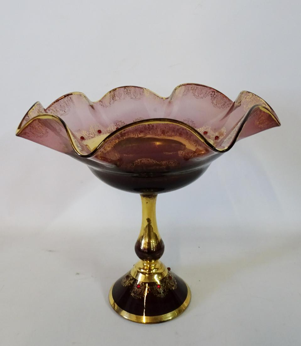 FLUTED GILT COLORED GLASS COMPOTE 12"H 13" DIA.: FLUTED GILT COLORED GLASS COMPOTE 12"H 13" DIA.