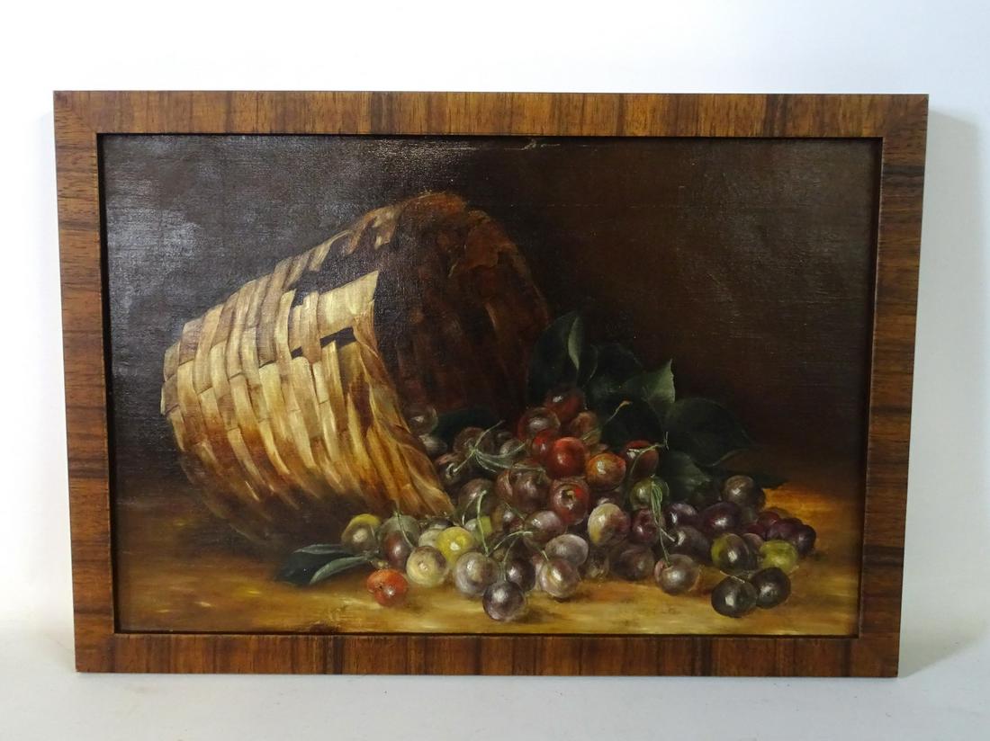 OIL ON CANVAS STILL LIFE BASKET WITH GRAPES NOT SGN.: OIL ON CANVAS STILL LIFE BASKET WITH GRAPES NOT SGN. 12X18"
