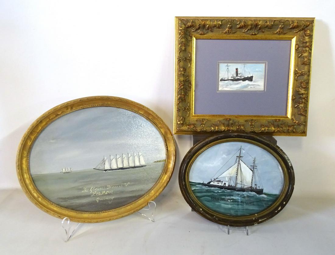 3 ORIGINAL ARTWORKS (2) OVAL FRAMED SHIPS 13X15" (1 of 5)