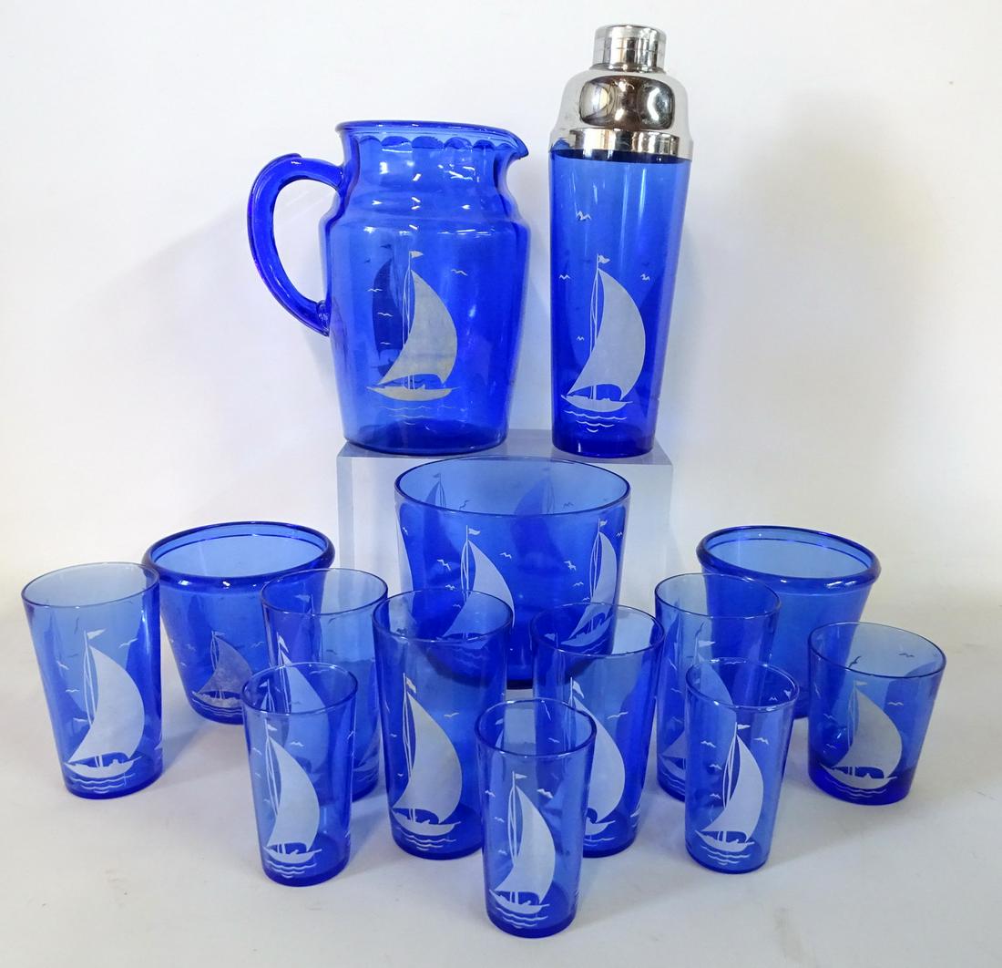 14 PCS. WHITE SAIL MAMZY GLASS  INC. COCKTAIL SHAKER & (1 of 6)