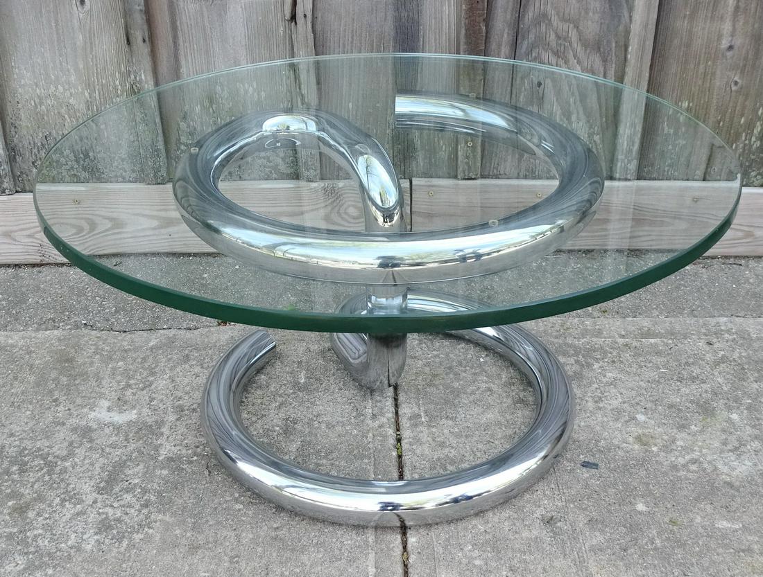 CHROME SPRING FORM BASE GLASS TOP TABLE C. 1960 16.5"H (1 of 6)