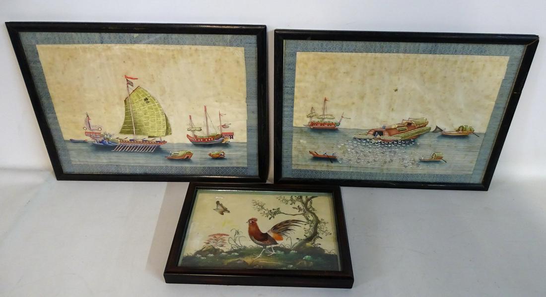 3 19TH C. ASIAN PAINTINGS ON SILK  10X7" & 14X9" (1 of 12)