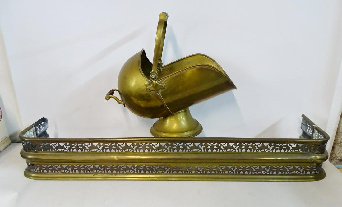 BRASS FIRE FENDER & COAL SCUTTLE: BRASS FIRE FENDER & COAL SCUTTLE 7.5"H 47"L